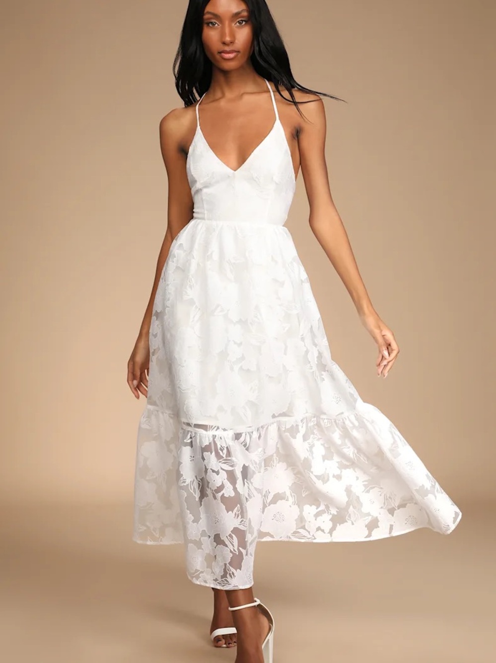 Lulus Feeling Like Forever White Jacquard Organza Lace-Up Midi Dress